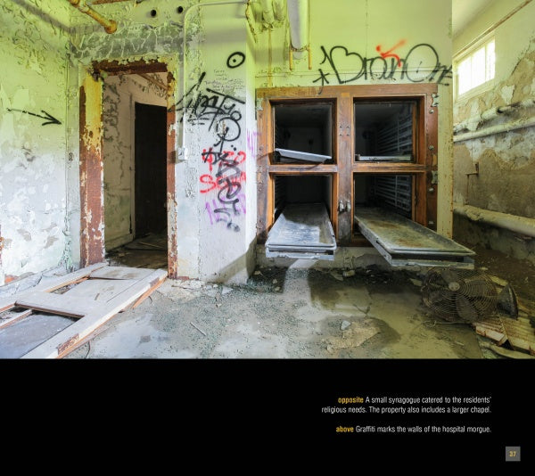 Discover "Abandoned NYC" by Schiffer Publishing, Ltd.—a look inside a graffiti-covered hospital morgue with rusted body compartments, debris-littered floors, peeling paint, and broken fixtures illuminated by window light.