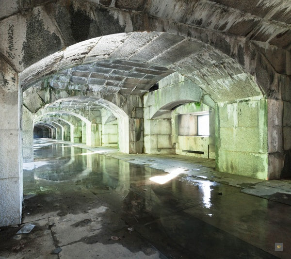 The haunting beauty of abandoned places is captured in "Abandoned NYC" by Schiffer Publishing, Ltd., featuring arched stone corridors with mossy, wet floors and streaks of light, evoking a damp, deserted atmosphere.