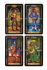 Four tarot cards—Page of Cups, Swords, Wands, and Pentacles—appear in ornate style. Ideal for intuitive readings or Tarot programs like "90 Days to Learning the Tarot" from Schiffer Publishing, Ltd. seeking vibrant images and guidance.