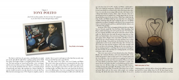 An open spread from "It Is What It Is" by Schiffer Publishing, Ltd. shows a tattooed man at a desk on the left and an empty ornate metal chair with a dirty seat in a tiled room on the right, both pages featuring text.