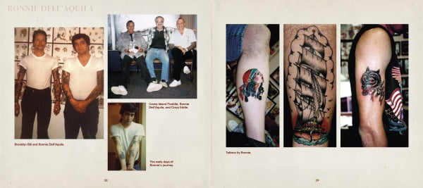 A two-page spread from "It Is What It Is" by Schiffer Publishing, Ltd. features photos of people with tattoos, close-ups of traditional American designs—like a pirate, ship, and rose—and candid shots, highlighting Brooklyn tattoo history.