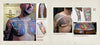 A man with colorful chest tattoos stands in a room, alongside close-ups of faces, wings, an owl, and a sun—all tattoo art by Marcus Pacheco featured in "It Is What It Is" by Schiffer Publishing, Ltd., honoring traditional American tattooing.