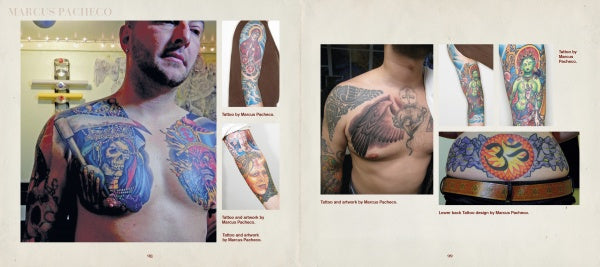 A man with colorful chest tattoos stands in a room, alongside close-ups of faces, wings, an owl, and a sun—all tattoo art by Marcus Pacheco featured in "It Is What It Is" by Schiffer Publishing, Ltd., honoring traditional American tattooing.