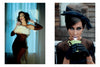 On the left, Schiffer Publishing, Ltd.'s "Chocolate Cheesecake" features a stylish pin-up in vintage black attire with a fur stole. On the right, she sports a bow, sips elegantly in gloves with milk on her lips—classic retro glamour.