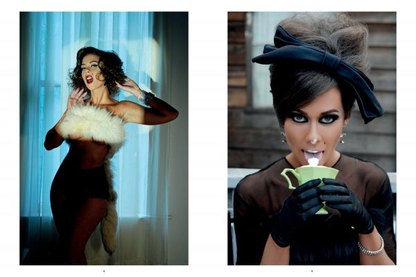 On the left, Schiffer Publishing, Ltd.'s "Chocolate Cheesecake" features a stylish pin-up in vintage black attire with a fur stole. On the right, she sports a bow, sips elegantly in gloves with milk on her lips—classic retro glamour.