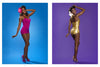 A black pin-up beauty models two vintage swimsuits in “Chocolate Cheesecake” by Schiffer Publishing, Ltd.—on the left, a pink one-piece with heels and pink flower; on the right, a gold swimsuit with a white flower—ideal for modern pin-up fans.