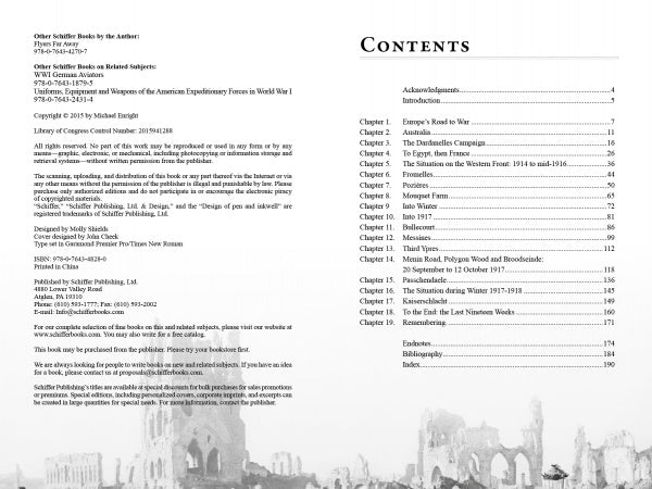 The table of contents from "On the Western Front" by Schiffer Publishing, Ltd. lists chapters such as Europe's Road to War and The Hindenburg Line, plus stories of Australian servicemen, with war ruins evoking the ANZAC legend.