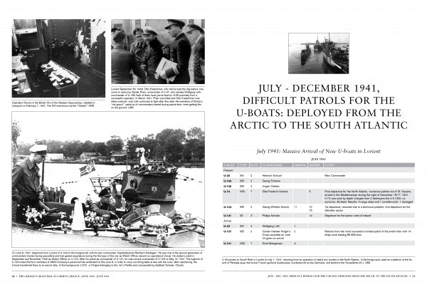 A two-page spread in Schiffer Publishing, Ltd.'s "The German U-Boat Base at Lorient, France, Vol. 2" showcases B&W photos of U-boats and crews, plus a table of arrivals and patrol details from July to December 1941 in the Battle of the Atlantic.