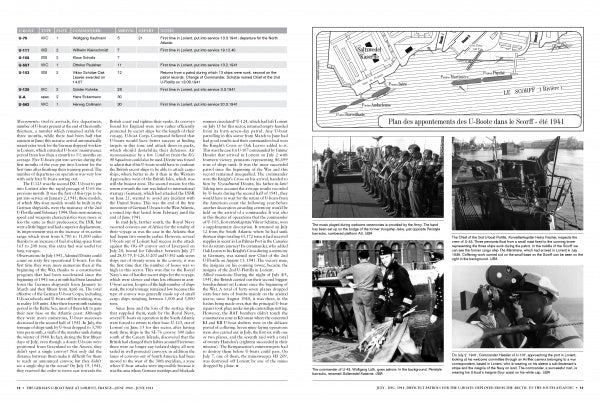 A two-page spread from "The German U-Boat Base at Lorient, France, Vol. 2" by Schiffer Publishing, Ltd. features French text, a timeline and quote on the left page; the right highlights Lorient’s WWII role with a map and historic U-boat photos.