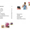 A table of contents for Macrame Fashion Accessories & Jewelry by Schiffer Publishing, Ltd. lists bag, scarf, DIY jewelry, and accessory projects with page numbers. Four images show a woman in a macrame top, accessories, a bag, and ribboned shoes.