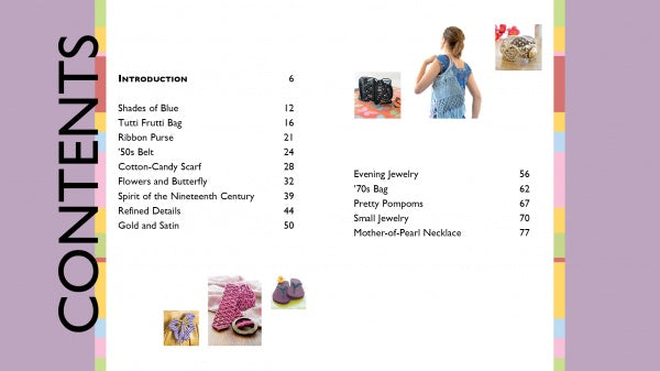 A table of contents for Macrame Fashion Accessories & Jewelry by Schiffer Publishing, Ltd. lists bag, scarf, DIY jewelry, and accessory projects with page numbers. Four images show a woman in a macrame top, accessories, a bag, and ribboned shoes.