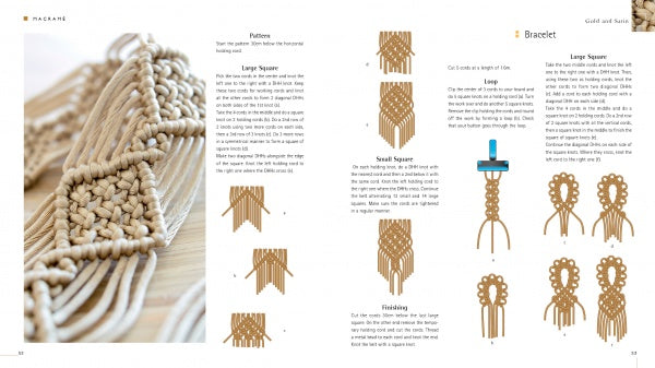 Macrame Fashion Accessories & Jewelry by Schiffer Publishing, Ltd. is an instructional book with step-by-step images, text directions, knotting diagrams, and close-ups for making macramé squares and bracelets.