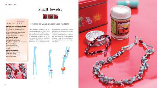 A spread from "Macrame Fashion Accessories & Jewelry" by Schiffer Publishing, Ltd. details DIY necklace steps on the left, with a finished beaded necklace, tin box, coins, and container as chic accessories displayed to the right on a red surface.