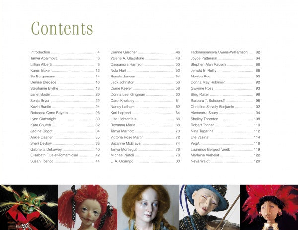 The table of contents in *The Art of the Contemporary Doll* by Schiffer Publishing, Ltd. lists authors and page numbers in two columns; below are four artistic dolls with expressive faces and elaborate costumes in green, red, blue, and red headpieces.