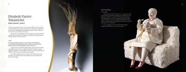 A spread from The Art of the Contemporary Doll by Schiffer Publishing, Ltd. shows text on Elisabeth Fuelle-Tornamichel and her wood sculpture on the left, and a doll of an older woman in white on a fuzzy couch on the right.