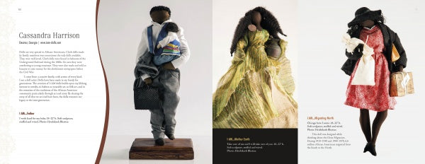 A book spread from "The Art of the Contemporary Doll" by Schiffer Publishing, Ltd. displays three handmade Black cloth dolls: one in business attire with a baby, one in a green dress and bonnet, and one in red with a coat holding a bag. Text about Cassandra Harrison appears on the left.
