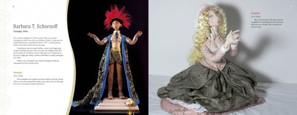 The image for "The Art of the Contemporary Doll" by Schiffer Publishing, Ltd. features a doll in a dramatic red-feathered costume on a pedestal (left) and a blonde doll in pink and green seated on white fabric (right).