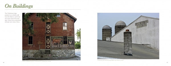 Two photos from *Signs of Lancaster County* by Schiffer Publishing, Ltd. show old building signs: Left—a brick wall with faded ads including John J. Bornitzler; Right—a farm with silos and an Amish sign for Lancaster Brand.