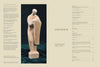 To the left, a beige statue stands on a green cloth holding a rectangular object. To the right is the two-column table of contents for Emerging from the Shadows, Vol. III by Schiffer Publishing, Ltd., focused on California women artists.
