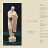To the left, a beige statue stands on a green cloth holding a rectangular object. To the right is the two-column table of contents for Emerging from the Shadows, Vol. III by Schiffer Publishing, Ltd., focused on California women artists.