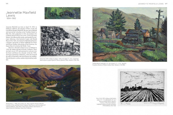 A spread from "Emerging from the Shadows, Vol. III" by Schiffer Publishing, Ltd. showcases Jeannette Maxfield Lewis’s California landscape art with descriptive captions and a short biography on the left page.