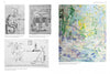Emerging from the Shadows, Vol. III by Schiffer Publishing, Ltd. features B&W cartoon illustrations with captions on the left and vibrant abstract art on the right, highlighting women artists’ roles in California art history.