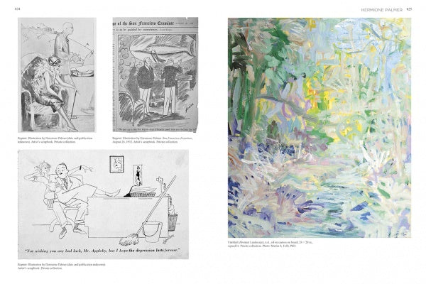 Emerging from the Shadows, Vol. III by Schiffer Publishing, Ltd. features B&W cartoon illustrations with captions on the left and vibrant abstract art on the right, highlighting women artists’ roles in California art history.