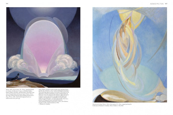 Schiffer Publishing, Ltd.'s "Emerging from the Shadows, Vol. III" features two Agnes Pelton abstracts: one with a glowing dome among clouds, the other with layered blues, yellows, and creams evoking gentle movement.