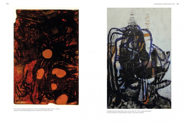 Two abstract paintings, reminiscent of women artists from California, are featured in "Emerging from the Shadows, Vol. III" by Schiffer Publishing, Ltd., each with caption labels beneath them.