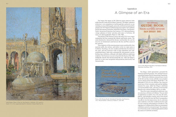 In Emerging from the Shadows, Vol. III by Schiffer Publishing, Ltd., a two-page spread features an ornate fountain painting beside text titled A Glimpse of an Era and vintage 1915 Panama-California Exposition guidebook covers.