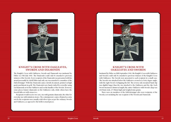 Two pages from "Knight's Cross Holders of the Fallschirmjäger" by Schiffer Publishing show photos of a Knight's Cross medal with oakleaves and swords on a black background, plus text about Fallschirmjäger recipients in WWII.