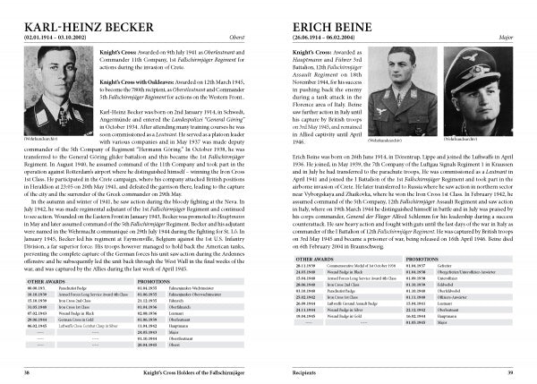 Two pages from Schiffer Publishing’s "Knight's Cross Holders of the Fallschirmjäger" showcase profiles of Karl-Heinz Becker and Erich Beine, with uniformed portraits, bios, data tables, and award details from World War II.