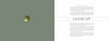 A book spread from "The Art of Peter Sculthorpe" by Schiffer Publishing, Ltd. shows a green left page with a small square image of a sunny tree and a right page titled LANDSCAPE, featuring text above and below on a white background.
