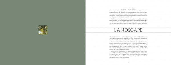 A book spread from "The Art of Peter Sculthorpe" by Schiffer Publishing, Ltd. shows a green left page with a small square image of a sunny tree and a right page titled LANDSCAPE, featuring text above and below on a white background.