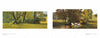 Two landscape scenes from "The Art of Peter Sculthorpe" by Schiffer Publishing, Ltd. show sunlit meadows: one with bright grass and tall trees, the other with a stream beneath a large tree surrounded by sunlight.