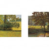 Two landscape scenes from "The Art of Peter Sculthorpe" by Schiffer Publishing, Ltd. show sunlit meadows: one with bright grass and tall trees, the other with a stream beneath a large tree surrounded by sunlight.