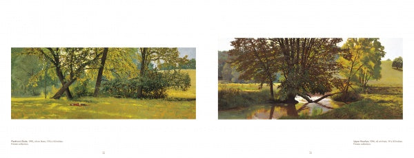 Two landscape scenes from "The Art of Peter Sculthorpe" by Schiffer Publishing, Ltd. show sunlit meadows: one with bright grass and tall trees, the other with a stream beneath a large tree surrounded by sunlight.