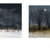 The Art of Peter Sculthorpe by Schiffer Publishing, Ltd. features classic landscapes—a stone house under clouds on the left, and a glowing full moon above a small house with bare trees on the right, evoking Sculthorpe's signature style.