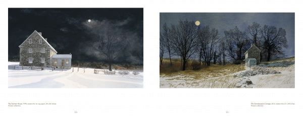 The Art of Peter Sculthorpe by Schiffer Publishing, Ltd. features classic landscapes—a stone house under clouds on the left, and a glowing full moon above a small house with bare trees on the right, evoking Sculthorpe's signature style.
