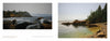 Two landscape paintings side by side: one depicts a rocky coast with waves, the other a serene cove with pines, inspired by "The Art of Peter Sculthorpe" from Schiffer Publishing, Ltd.