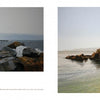Two landscape paintings side by side: one depicts a rocky coast with waves, the other a serene cove with pines, inspired by "The Art of Peter Sculthorpe" from Schiffer Publishing, Ltd.