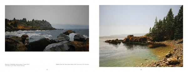 Two landscape paintings side by side: one depicts a rocky coast with waves, the other a serene cove with pines, inspired by "The Art of Peter Sculthorpe" from Schiffer Publishing, Ltd.