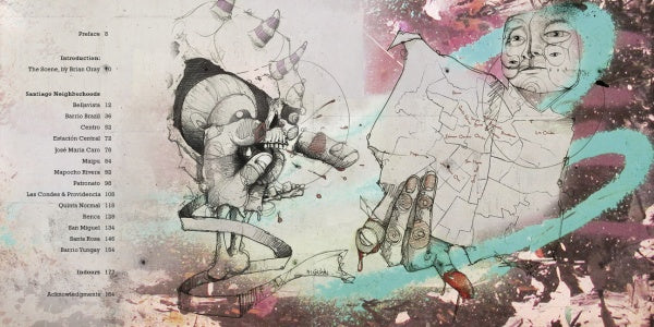 Surreal artwork from Street Art Santiago Chile by Schiffer Publishing, Ltd., shows two distorted humanoid figures—one with a map-face, the other with exaggerated hands—and a list of text items on the left, inspired by Santiago street art.