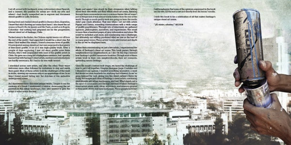 A pair of hands holds three stacked cans on the right, set against a faded grayscale cityscape inspired by Santiago street art. On the left, large text promotes "Street Art Santiago Chile" from Schiffer Publishing, Ltd.