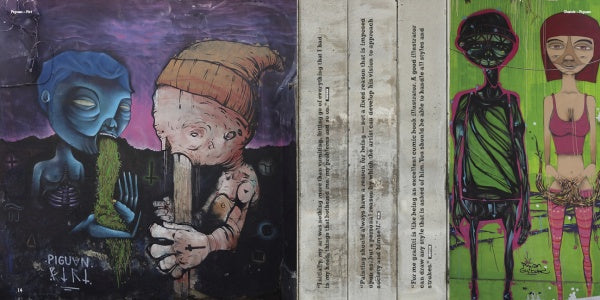 Street Art Santiago Chile by Schiffer Publishing, Ltd.: a four-panel urban collage inspired by Santiago's street art, with blue and pale figures, a worn text strip, and abstract forms on vivid green backgrounds.