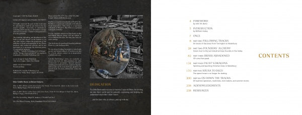 The left page of Brass Valley by Schiffer Publishing, Ltd. shows a grayscale photo of artists painting a circular object in a workshop; the right page lists chapters and page numbers under “CONTENTS.”.