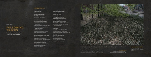 A two-page spread from Brass Valley (Schiffer Publishing, Ltd.) titled FOLLOWING TRACKS features yellow text on a dark background and a right-side photo of overgrown grass and trees along abandoned railway tracks.