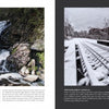 Brass Valley by Schiffer Publishing, Ltd. features a two-page spread: a forest waterfall with rocks and trees on the left, and a snow-covered railroad by an old brick building on the right, evoking the Naugatuck River Valley’s industrial past.