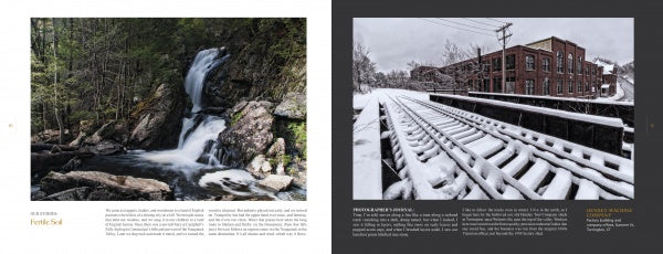 Brass Valley by Schiffer Publishing, Ltd. features a two-page spread: a forest waterfall with rocks and trees on the left, and a snow-covered railroad by an old brick building on the right, evoking the Naugatuck River Valley’s industrial past.
