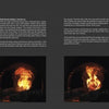 Six images from Brass Valley by Schiffer Publishing, Ltd. depict a burning barrel inside a furnace, bright flames and embers, with text explaining pyrolysis and charring in the region’s industrial history.